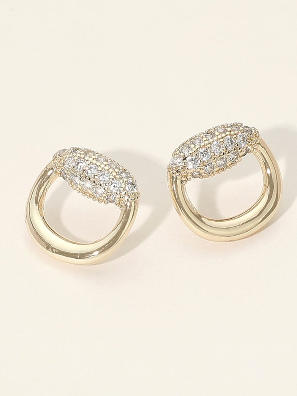 Gold Horsebit U-Link Open Circle CZ Rhinestone Crystal Stud Earrings